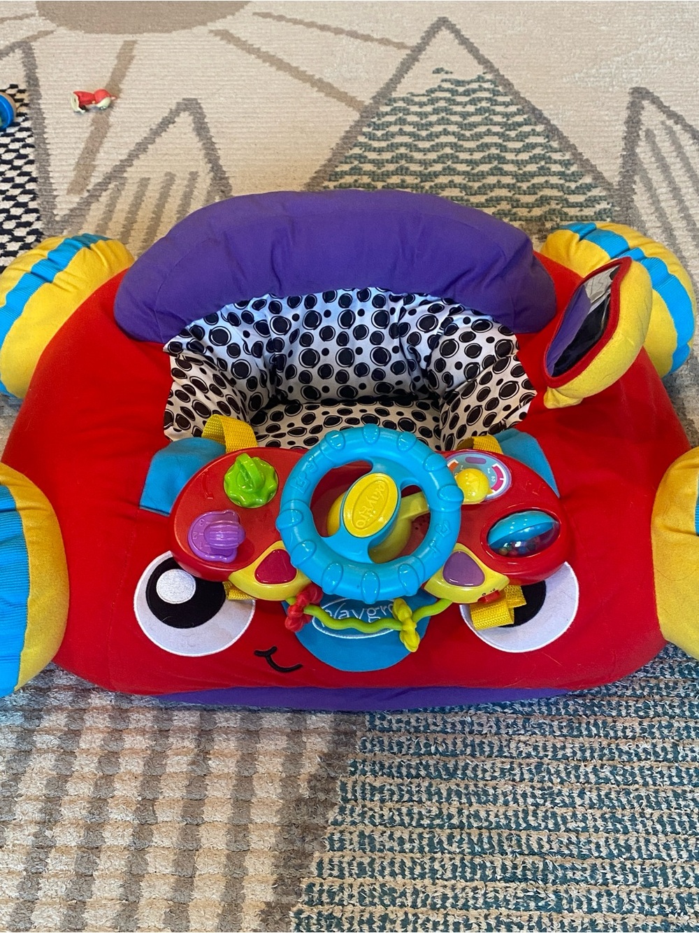 Bright Red Plush Activity Baby Seat with Toy Steering Wheel